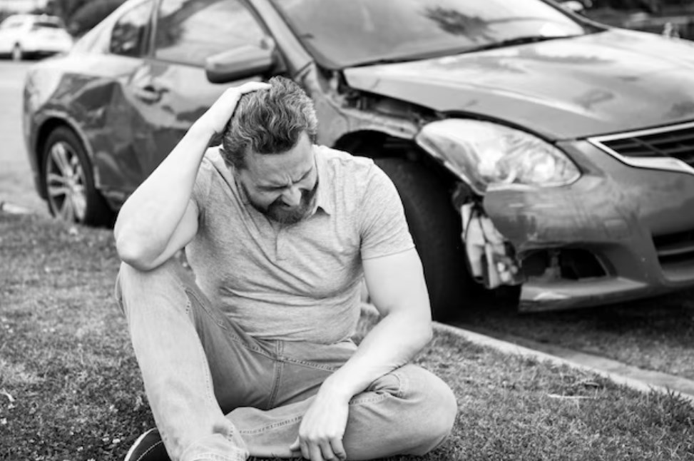 a black-and-white photo of a man sitting on the grass in despair near his damaged passenger car