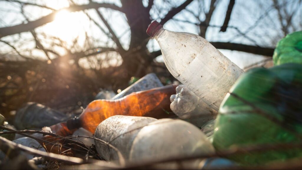a bunch of used dirty plastic bottles laying on the ground with the sun in the background