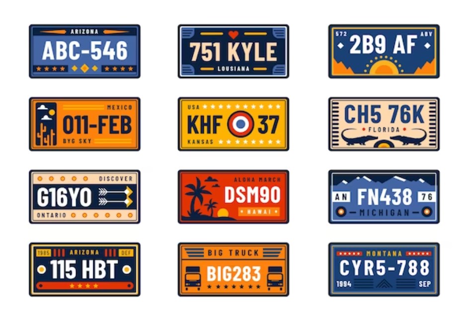 a collection hand drawn license plates from different states