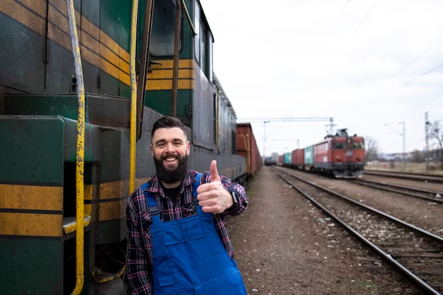 The locomotive driver stands at the locomotive at the station